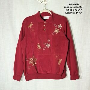 Alfred Dunner Red Embroidered Floral Dragonfly Pullover Sweatshirt Sz S